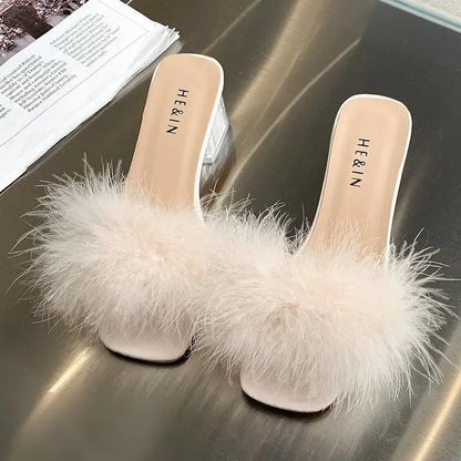 Summer Fluffy Peep Toe Sexy Heels Women Shoes Fur Feather Lady Wedding Slip-On Pink Square Sandals