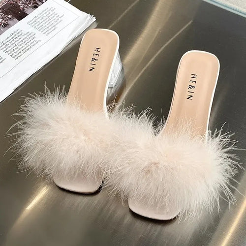 Summer Fluffy Peep Toe Sexy Heels Women Shoes Fur Feather Lady Wedding Slip-On Pink Square Sandals