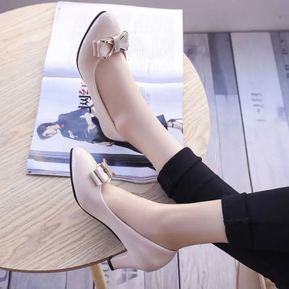 Women's Low Block Heel Pumps with Bow Detail