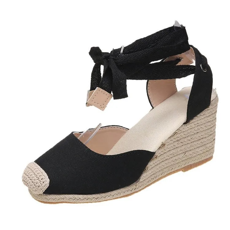 Women's Espadrille Wedge Sandals – Ankle Strap Lace-Up Canvas Shoes