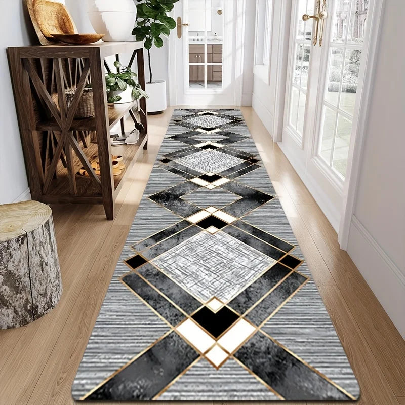 Vikama Non-Slip Luxury Geometric Runner Rug Soft Plush Long Area Rug Gold Lines Floor Mat Hallway