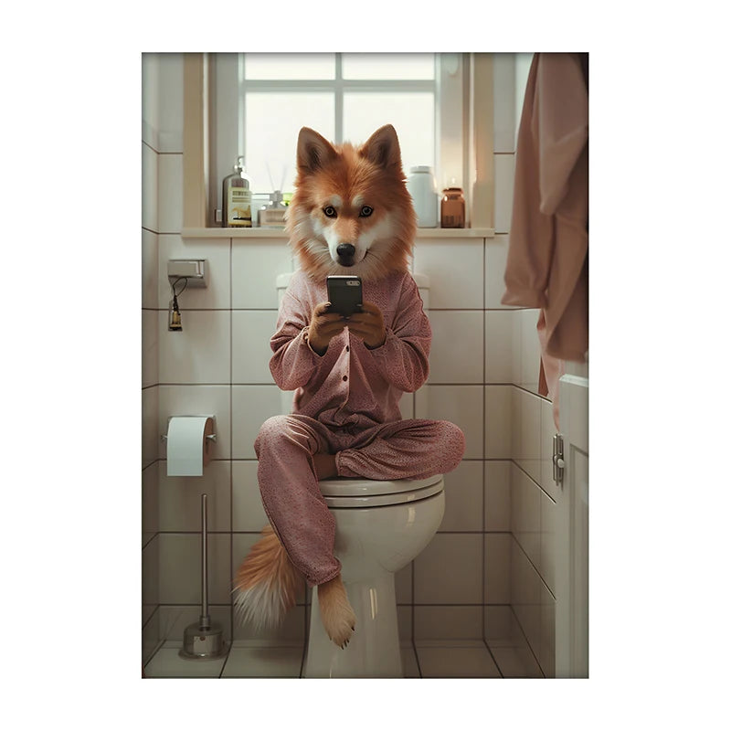 Funny Dog Bathroom Poster – Dog Reading Newspaper on Toilet Wall Art