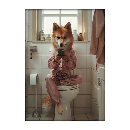 Funny Dog Bathroom Poster – Dog Reading Newspaper on Toilet Wall Art