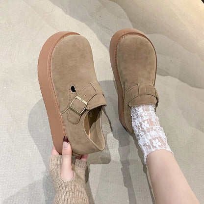 Women's Platform Suede Loafers with Buckle Strap