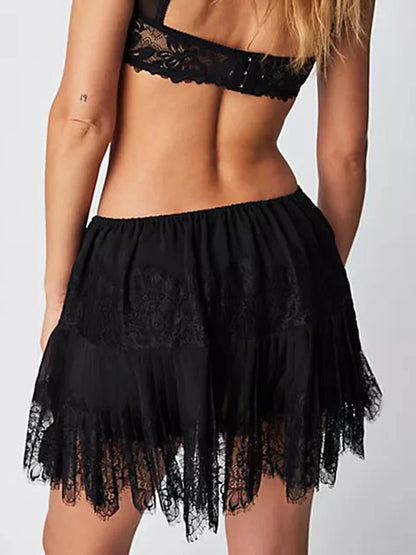 Tiered Lace Mini Skirt – Elastic Waist Pleated Short Skirt