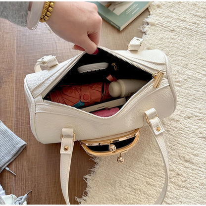 Vintage Cylinder Shoulder Bag With Kiss-lock Closure Soft Leather