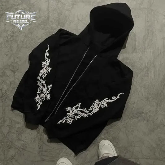 Vine Embroidered Gothic Zip-Up Hoodie – Unisex Streetwear