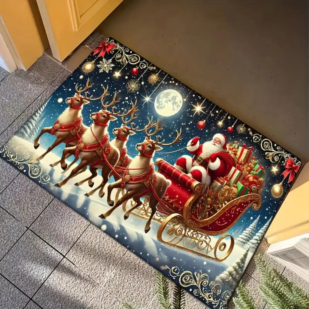 Christmas Santa Reindeer Sleigh Rug – Non-Slip Holiday Floor Mat