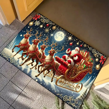 Christmas Santa Reindeer Sleigh Rug – Non-Slip Holiday Floor Mat
