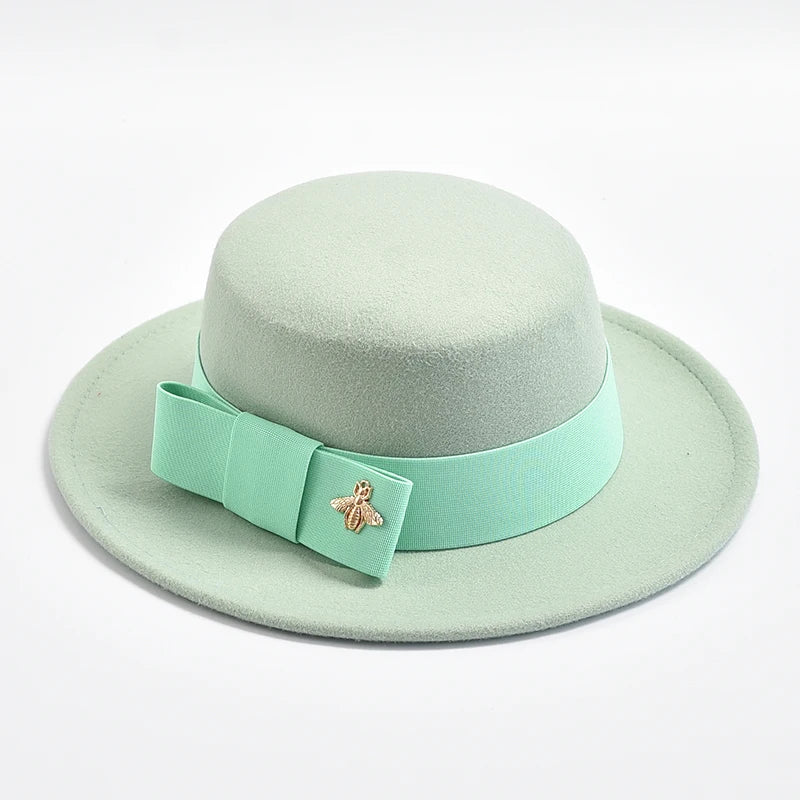 Women's Flat Top Fedora Hat – Bow & Bee Pin, Church & Party