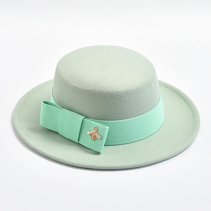 Women's Flat Top Fedora Hat – Bow & Bee Pin, Church & Party