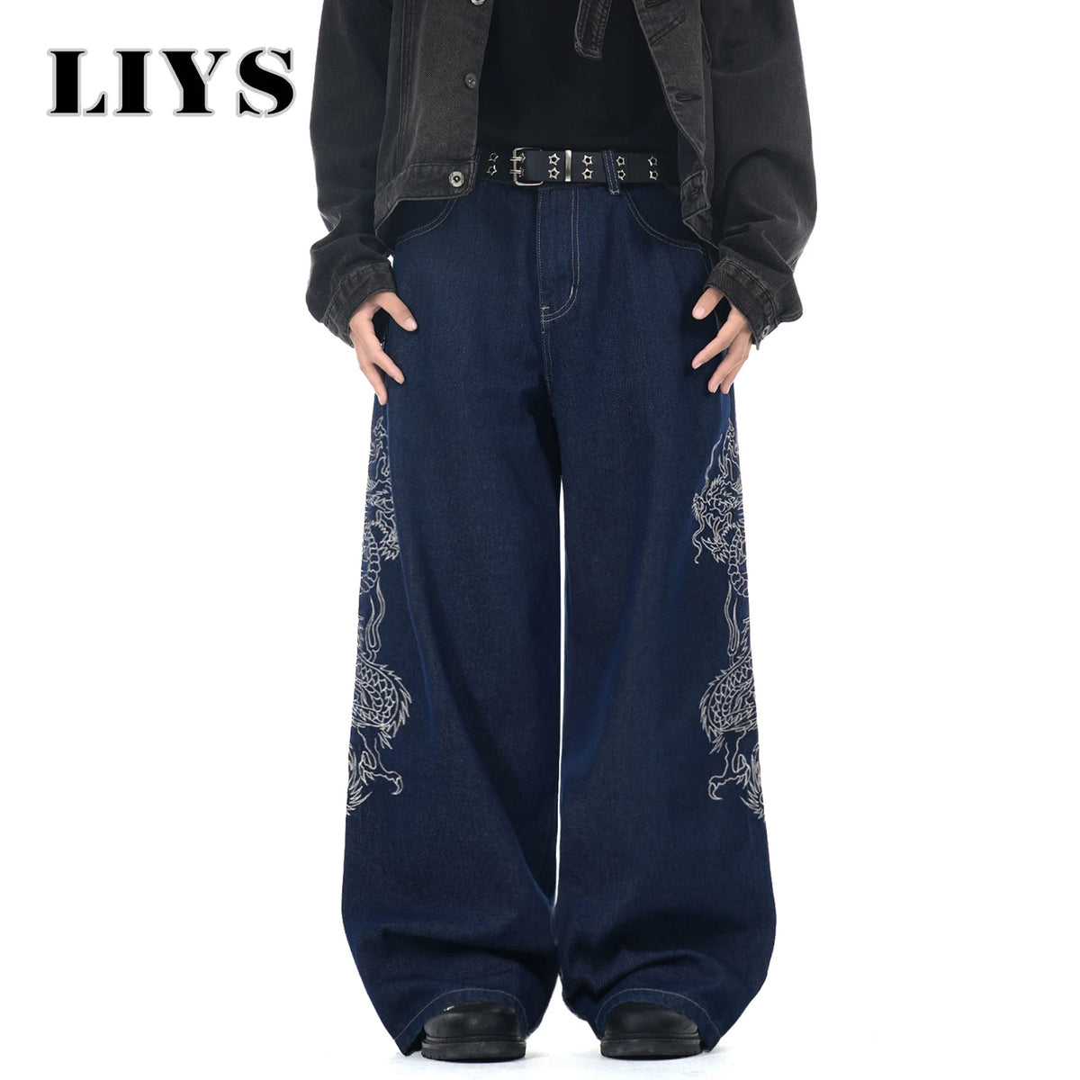Men's Dragon Embroidered Baggy Wide Leg Jeans – Blue