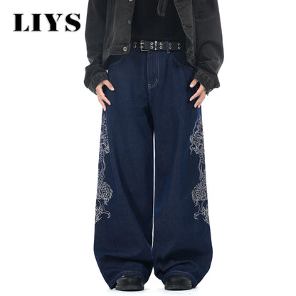 Men's Dragon Embroidered Baggy Wide Leg Jeans – Blue
