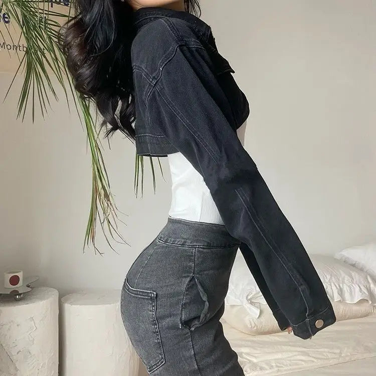Women's Short Denim Jacket – Cropped Waisted Streetwear Cardigan