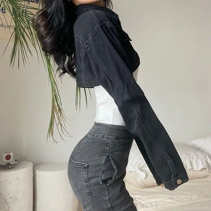 Women's Short Denim Jacket – Cropped Waisted Streetwear Cardigan