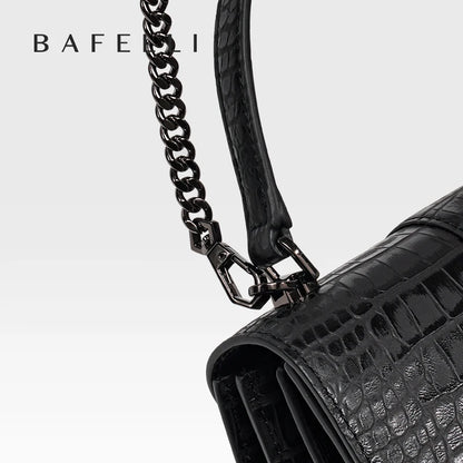 Leather Crossbody Bag – Croc-Embossed Top Handle with Cat Clasp
