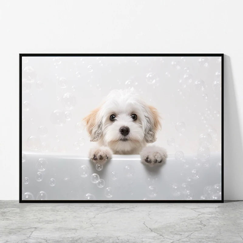 Cute Dog in Bathtub Wall Art Poster – Funny Puppy Canvas Print
