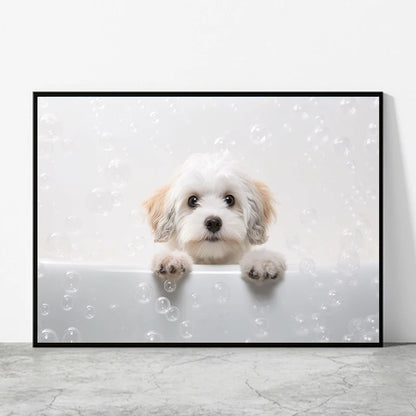 Cute Dog in Bathtub Wall Art Poster – Funny Puppy Canvas Print