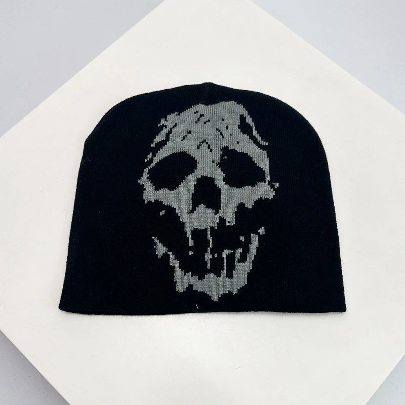 Skull Print Knit Beanie – Color Block Warm Winter Hat Punk Style