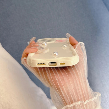 Cute Pearl Heart Bow Wave iPhone Case – Korean Aesthetic