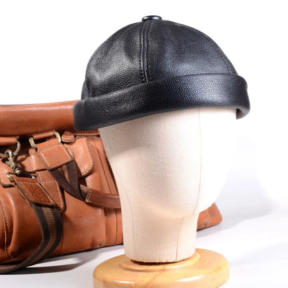 Men S Women Real Leather Winter Warm Skullcap Beanies Beret Round Hat Brimless Caps