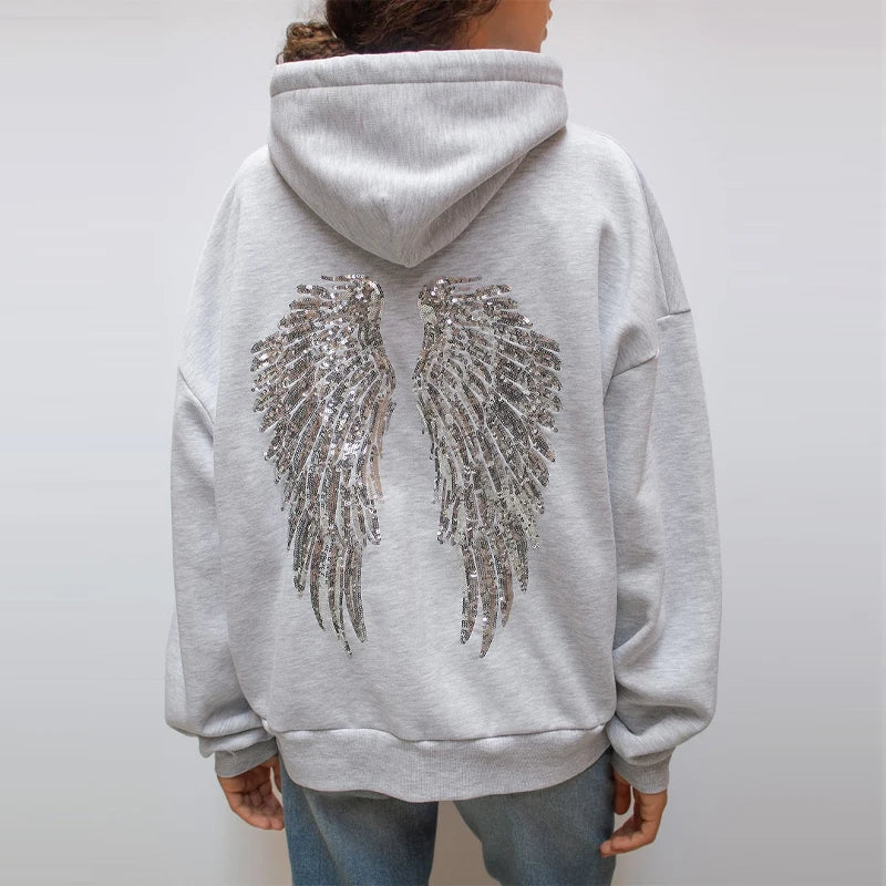 Sequin Angel Wings Hoodie – Women's Oversized Grunge Sweatshirt