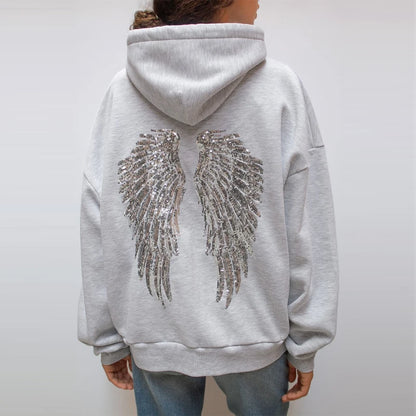 Sequin Angel Wings Hoodie – Women's Oversized Grunge Sweatshirt
