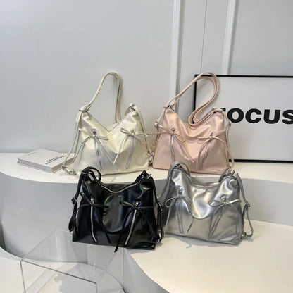 Bow Detail PU Leather Shoulder Bag for Women