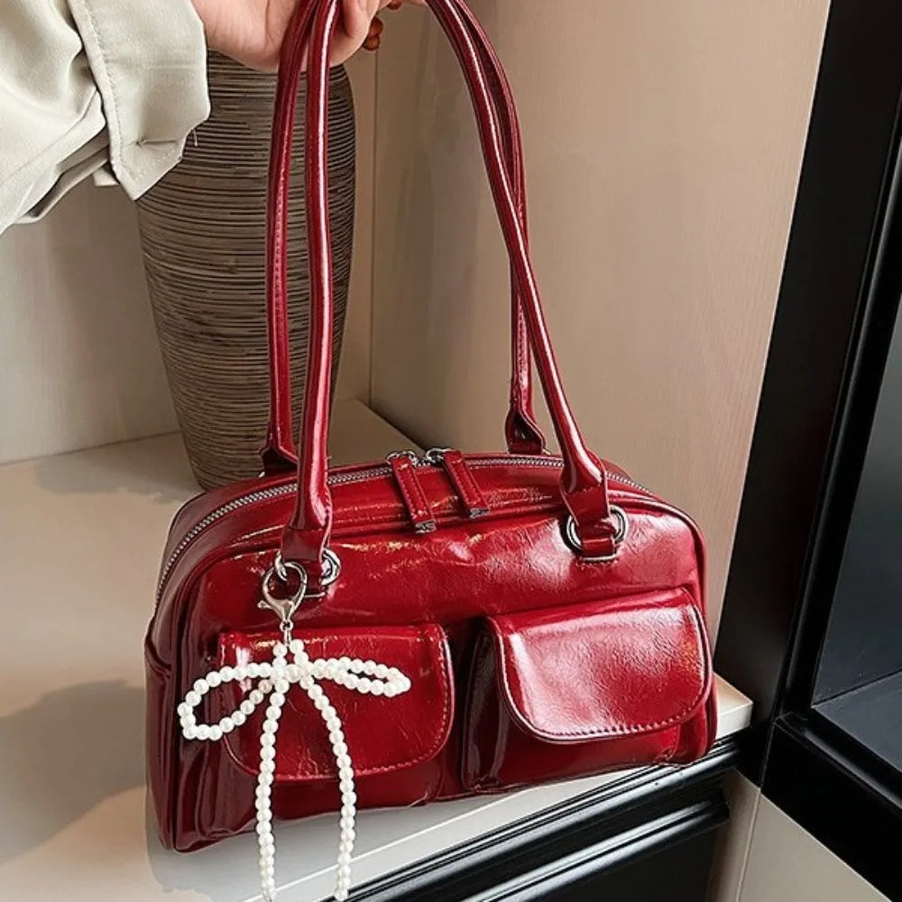 Solid Sewing Thread Fashion Glossy PU Shoulder Bags