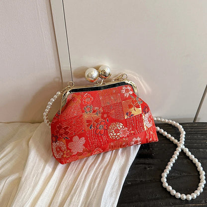 Floral Embroidery Kiss-Lock Shoulder Bag with Pearl Chain