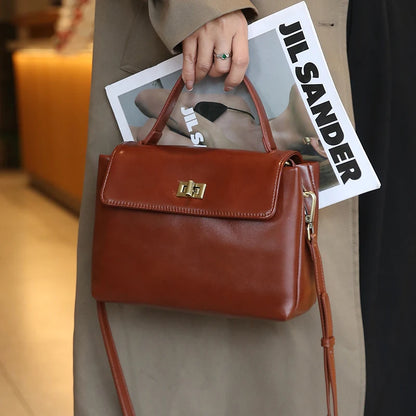 Genuine Leather Top Handle Crossbody Bag for Women Vintage Oil Wax Leather