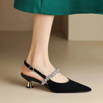 Women's Rhinestone Buckle Pointed Toe Heels – Metallic Slingback Sandals