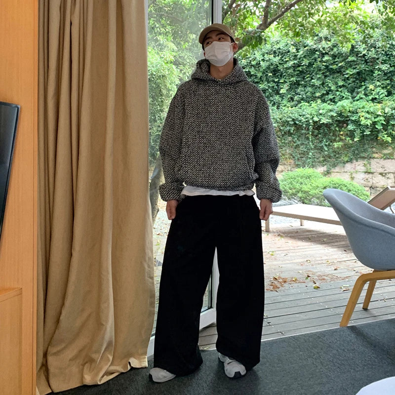 Textured Hooded Sweatshirt Men Vintage Harajuku Oversized Hoodie