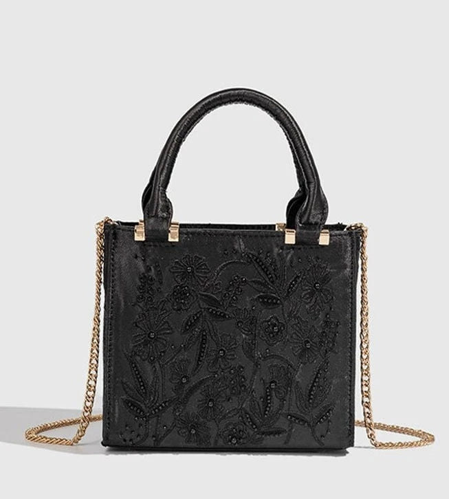 Floral Embroidery Square Tote Bag – Women's Handbag with Chain Strap