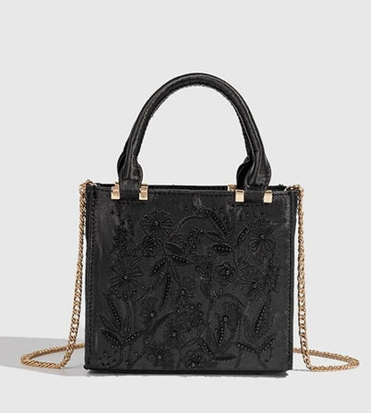 Floral Embroidery Square Tote Bag – Women's Handbag with Chain Strap