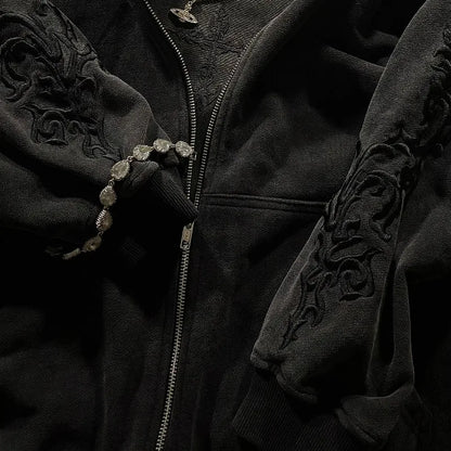 Vine Embroidered Gothic Zip-Up Hoodie – Unisex Streetwear