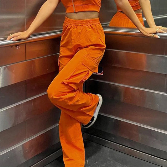 Women's Baggy Cargo Pants – Orange Straight-Leg Trousers