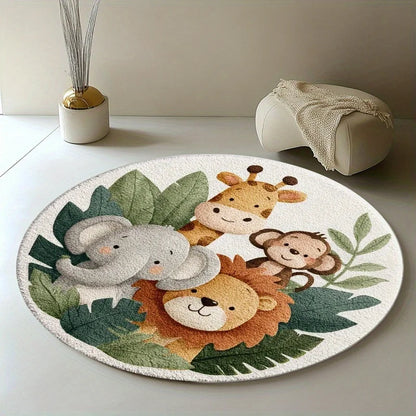 Cartoon Jungle Animal Round Rug – Non-Slip Soft Kids Play Mat