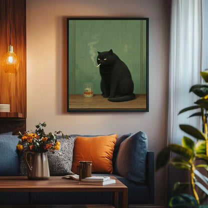 Moody Black Cat Smoking Whiskey Wall Art Canvas Poster