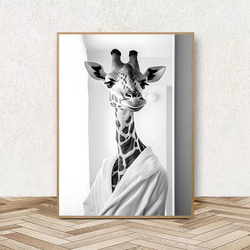 Funny Animal Bathroom Wall Art Poster – Quirky Wildlife in Bathrobe Print