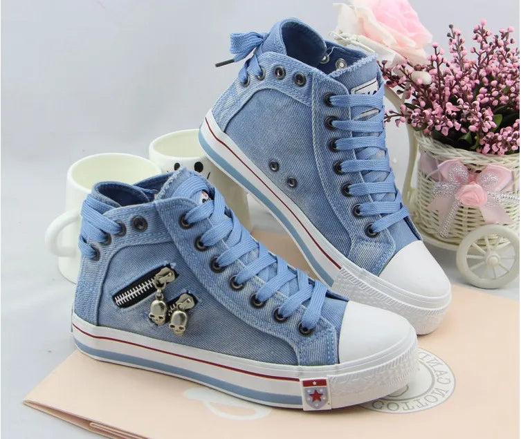 Women's High Top Denim Canvas Sneakers – Skull Zipper Lace-Up Casual Shoes