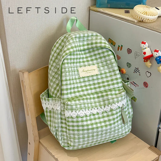 Cute Girls School Backpack – Large Capacity Plaid Daypack with Lace Trim