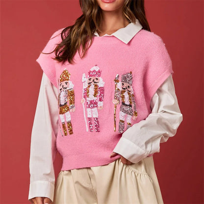 Ugly Christmas Vests Women Sequin Nutcracker Santa Sweaters Shirt Holiday Sparkly Graphic Crewneck