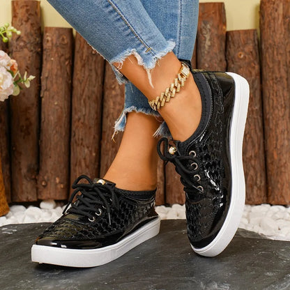 Women's Floral Lace Sneakers – Rhinestone Lace-Up Casual Flat Shoes