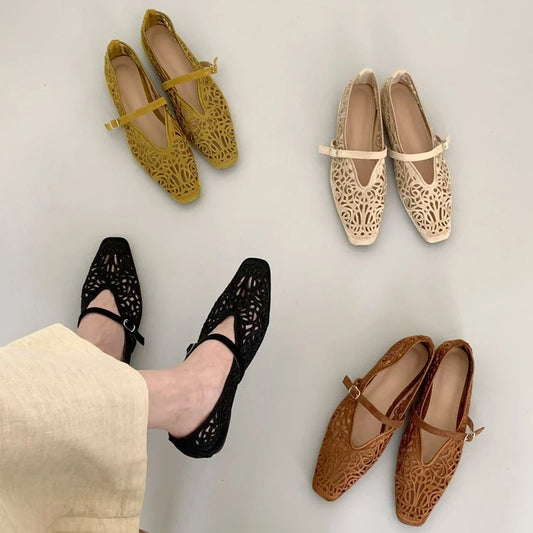 Women's Hollow-Out Flat Shoes – Elegant Square Toe Slip-On