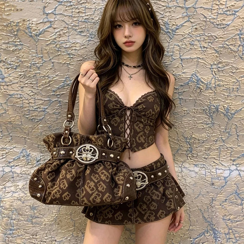 Vintage Y2k Print Shoulder Tote Bag Leather Splice Rivet