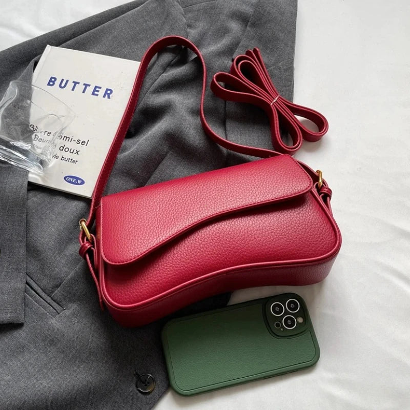 Vintage PU Leather Crossbody Bags For Women Red Lychee Pattern Flap