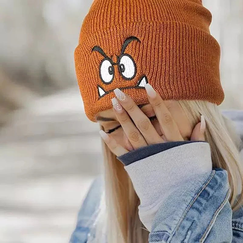 Angry Face Embroidered Knit Beanie – Unisex Winter Hat