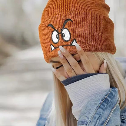 Angry Face Embroidered Knit Beanie – Unisex Winter Hat