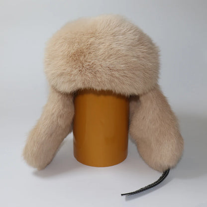 Winter Ushanka Trapper Hat with Rabbit Fur & Leather Earflaps